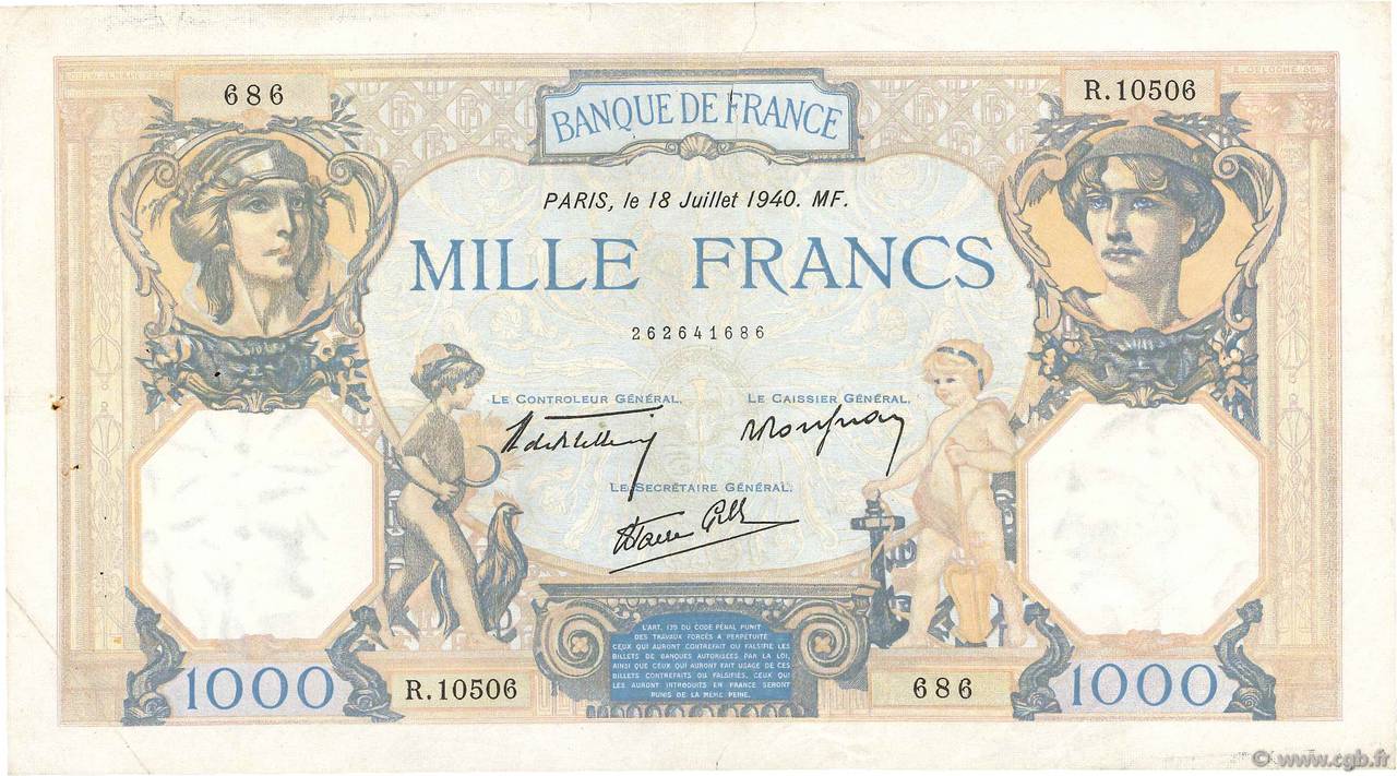 1000 Francs CÉRÈS ET MERCURE type modifié FRANCIA  1940 F.38.50 MB