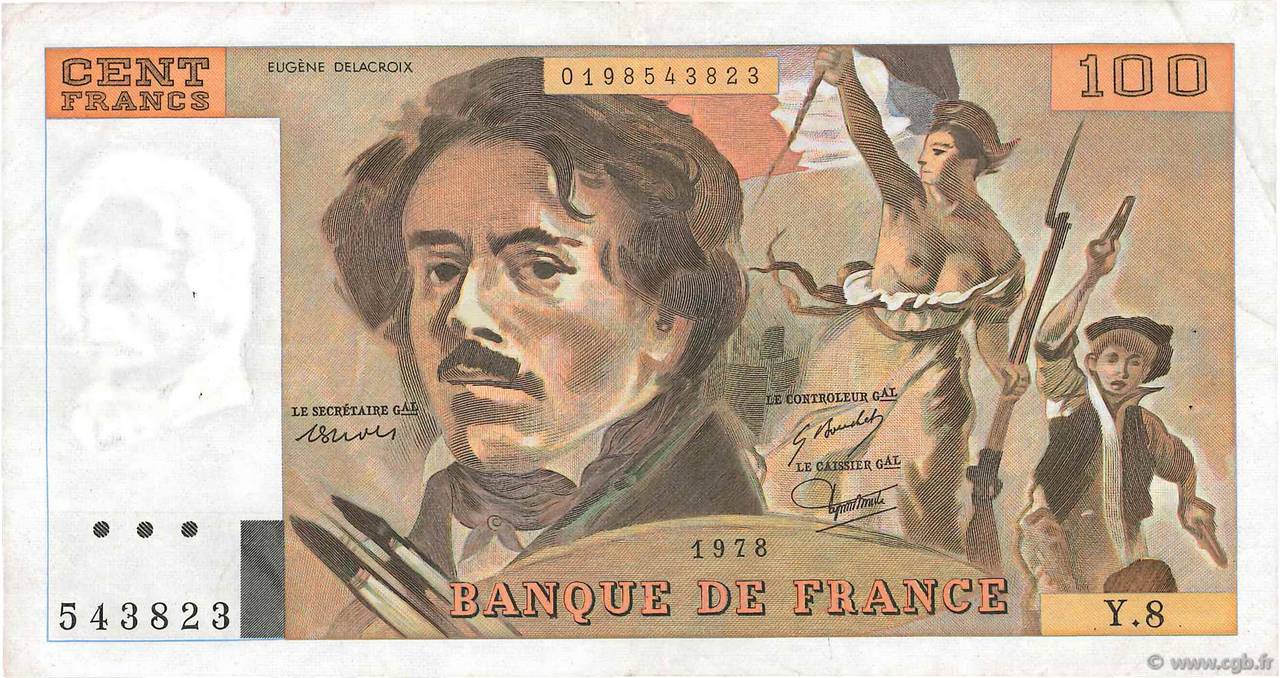 100 Francs DELACROIX modifié FRANCE  1978 F.69.01f VF