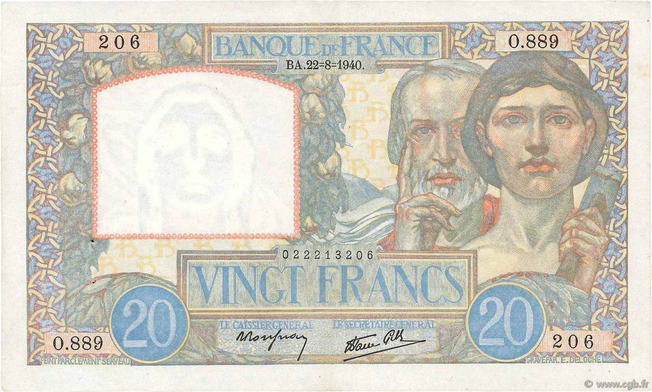 20 Francs TRAVAIL ET SCIENCE FRANCE  1940 F.12.06 XF