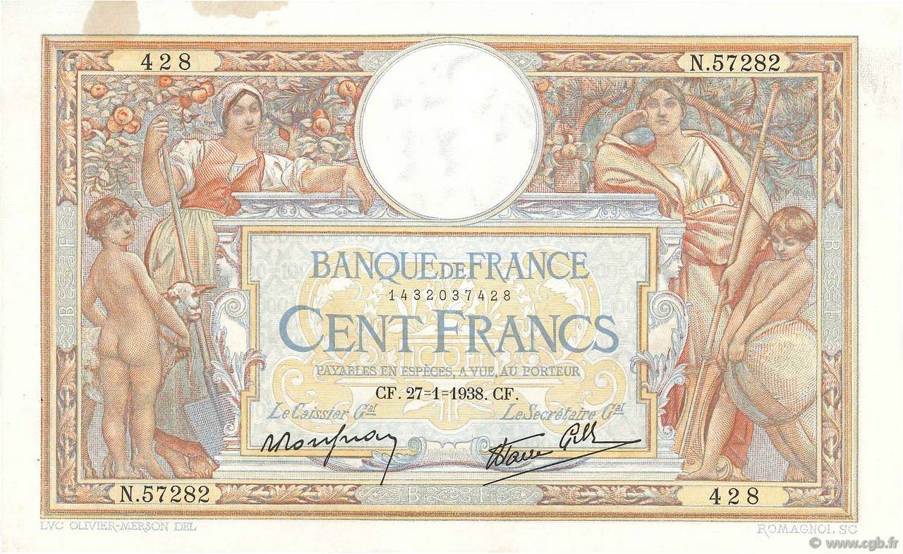 100 Francs LUC OLIVIER MERSON type modifié FRANCIA  1938 F.25.09 MBC+