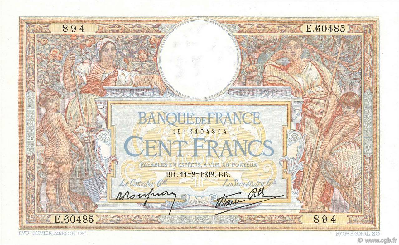 100 Francs LUC OLIVIER MERSON type modifié FRANCE  1938 F.25.28 SUP+