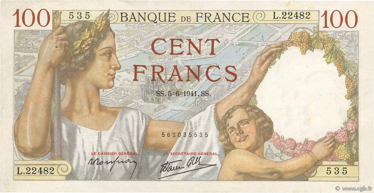 100 Francs SULLY FRANKREICH  1941 F.26.53 VZ
