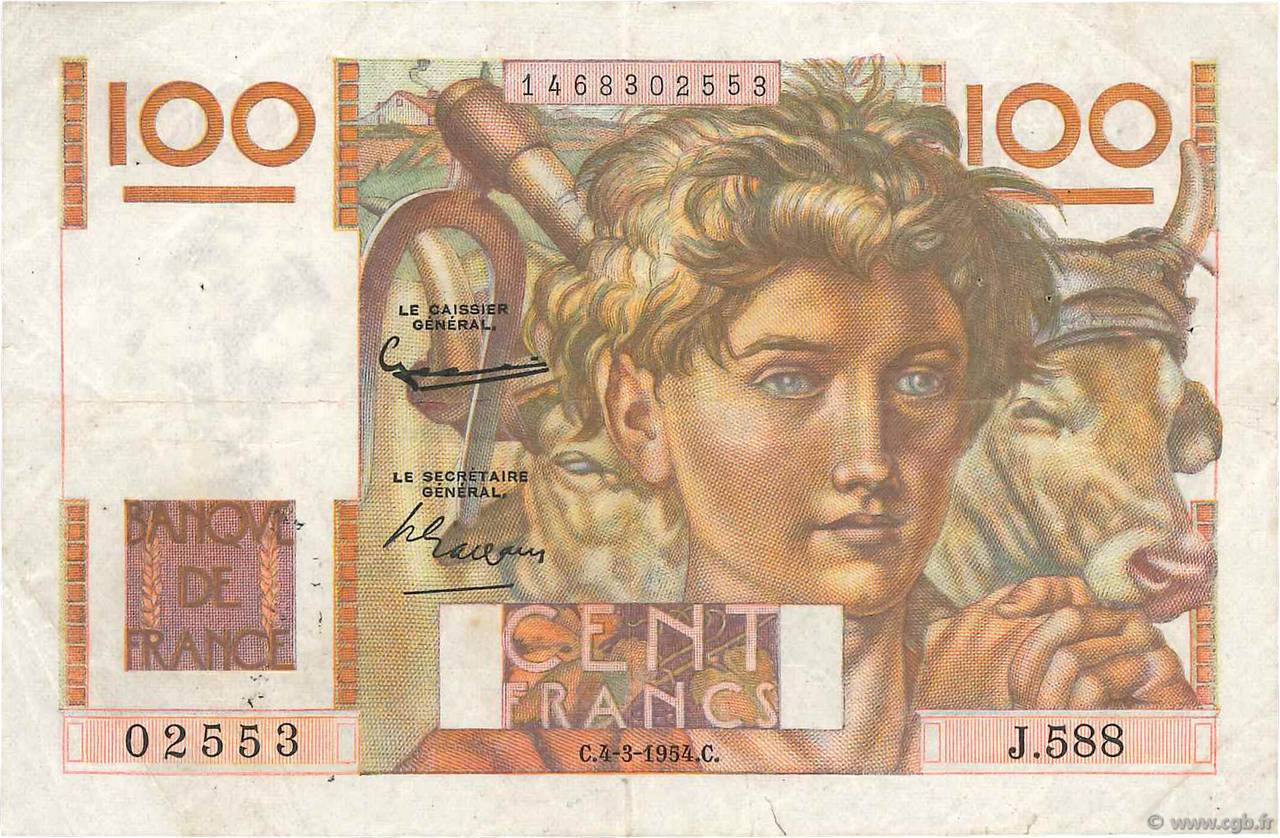 100 Francs JEUNE PAYSAN FRANCIA  1954 F.28.42 MB