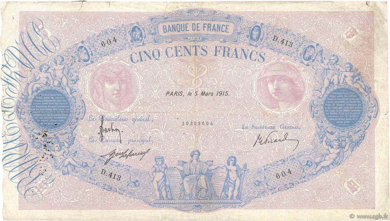 500 Francs BLEU ET ROSE FRANCE  1915 F.30.22 VG