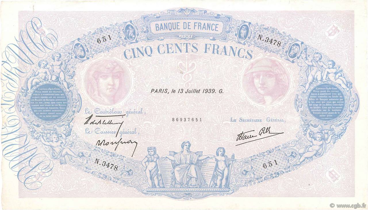 500 Francs BLEU ET ROSE modifié FRANCE  1939 F.31.36 TTB
