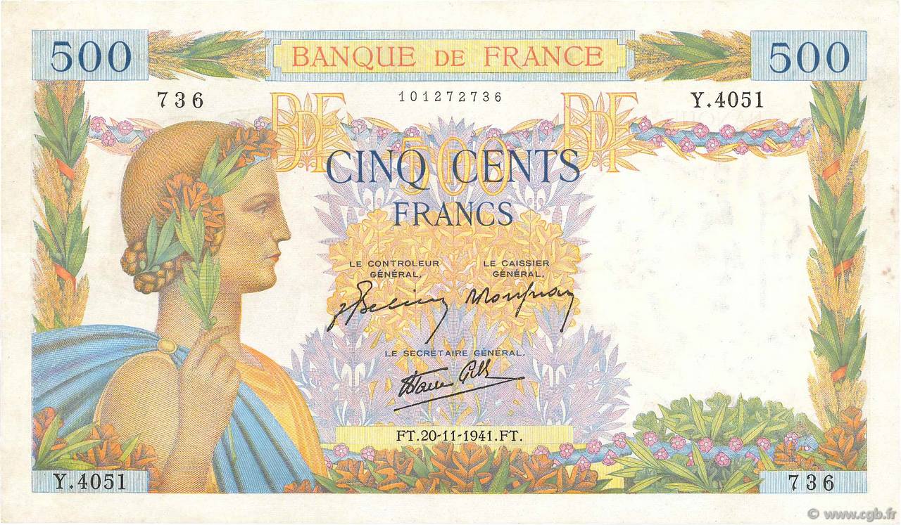 500 Francs LA PAIX FRANCIA  1941 F.32.24 MBC