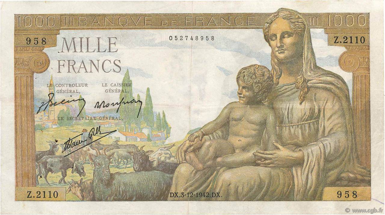 1000 Francs DÉESSE DÉMÉTER FRANCE  1942 F.40.12 VF-