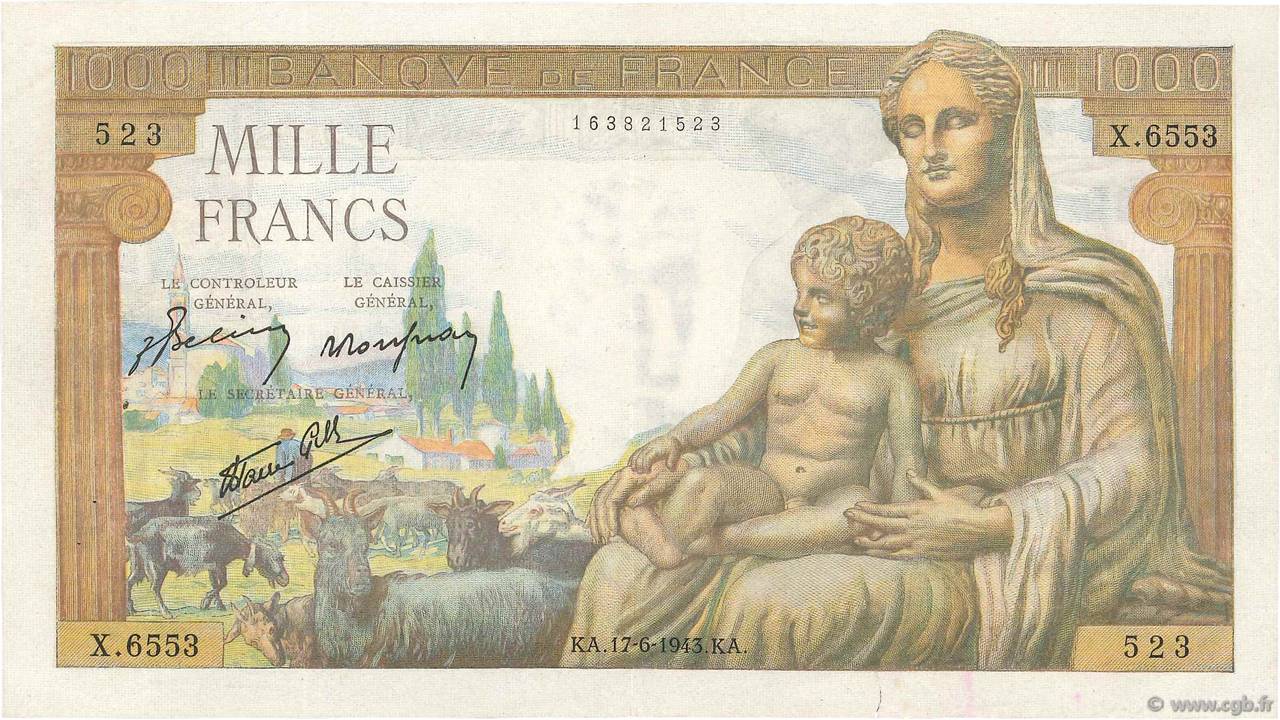 1000 Francs DÉESSE DÉMÉTER FRANCE  1943 F.40.27 VF+