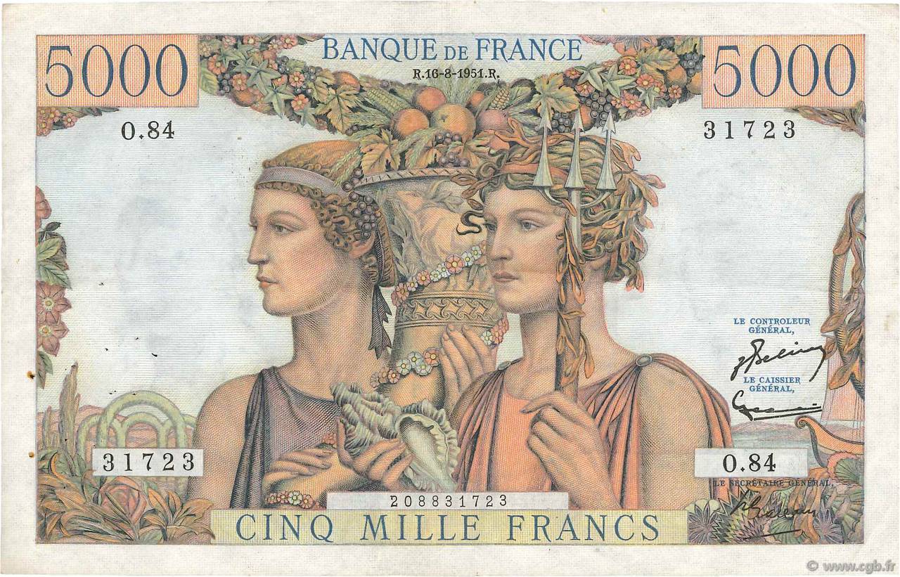 5000 Francs TERRE ET MER FRANCE  1951 F.48.05 pr.TTB