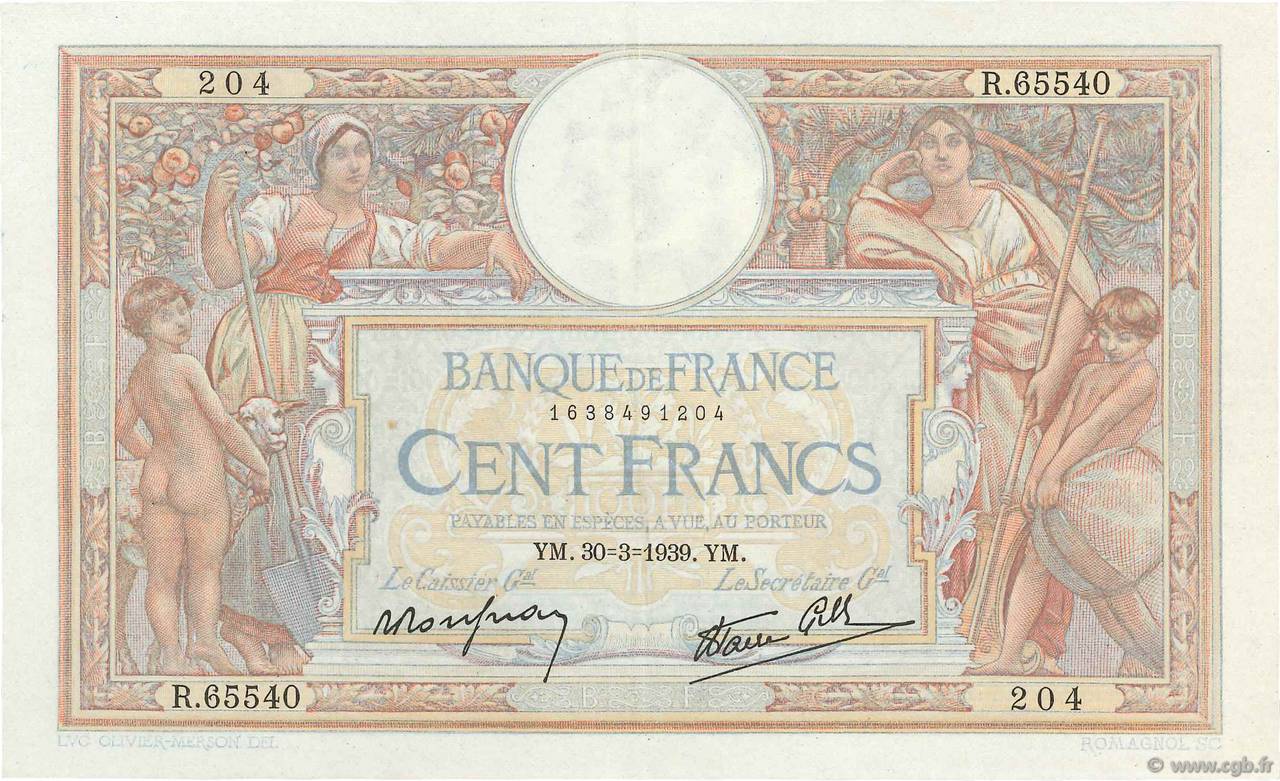 100 Francs LUC OLIVIER MERSON type modifié FRANCIA  1939 F.25.44 q.SPL