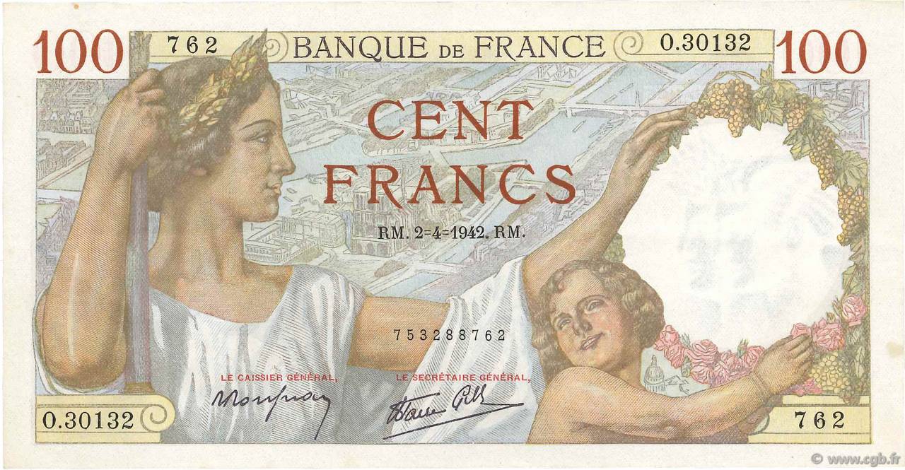 100 Francs SULLY FRANCE  1942 F.26.69 SUP