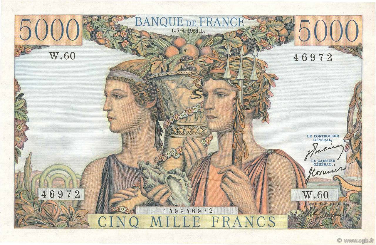 5000 Francs TERRE ET MER FRANCIA  1951 F.48.04 q.AU