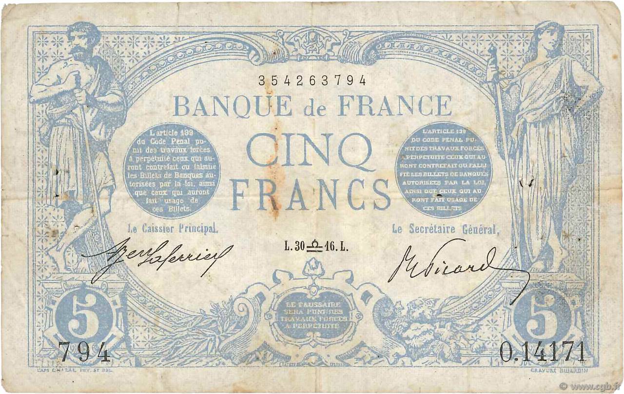 5 Francs BLEU FRANKREICH  1916 F.02.43 fS