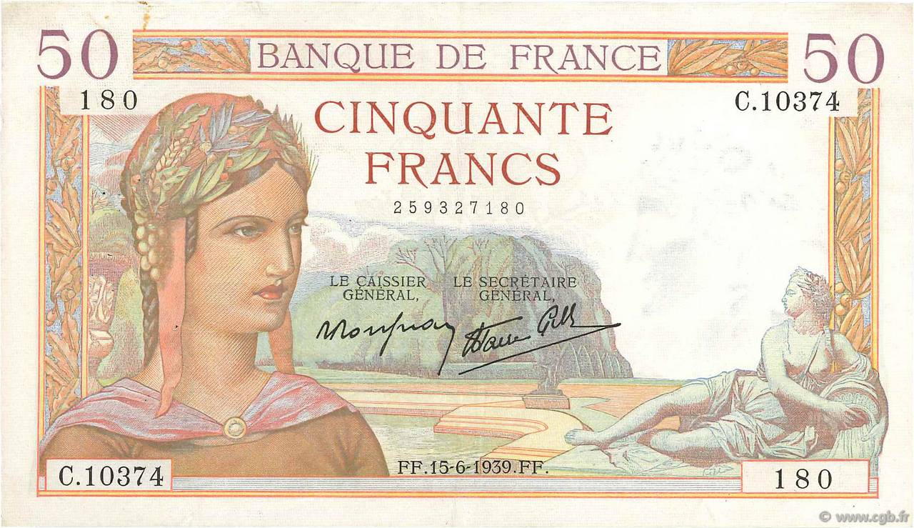 50 Francs CÉRÈS modifié FRANCE  1939 F.18.26 VF-