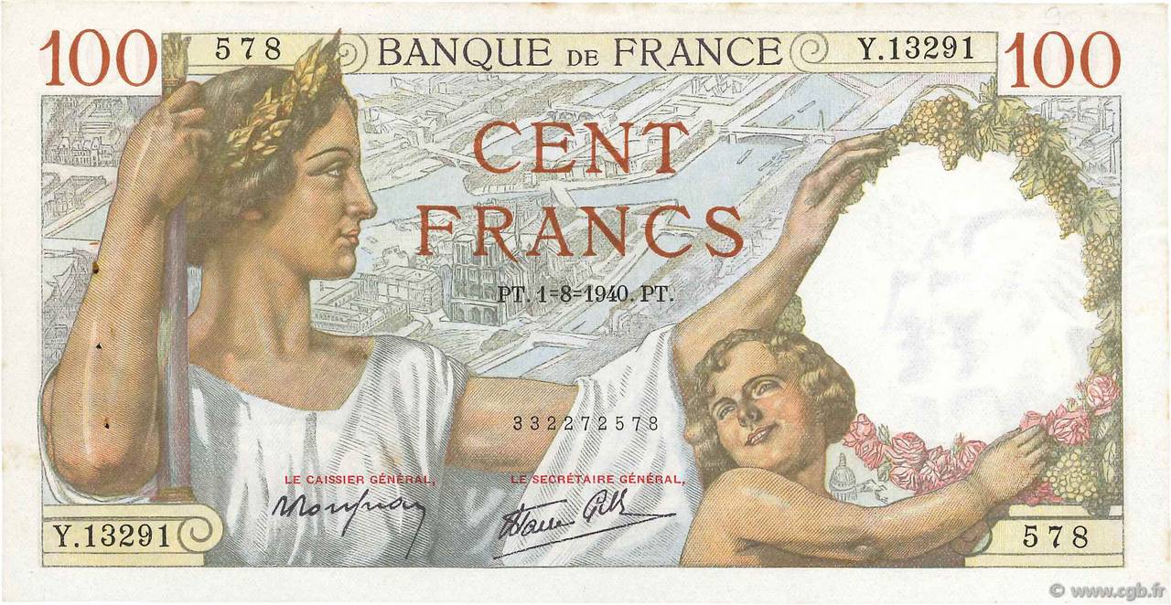 100 Francs SULLY FRANCE  1940 F.26.34 XF