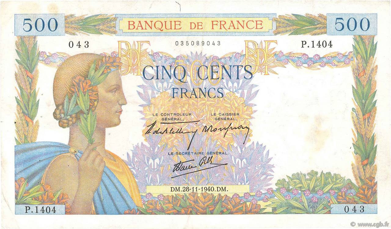 500 Francs LA PAIX FRANKREICH  1940 F.32.09 S