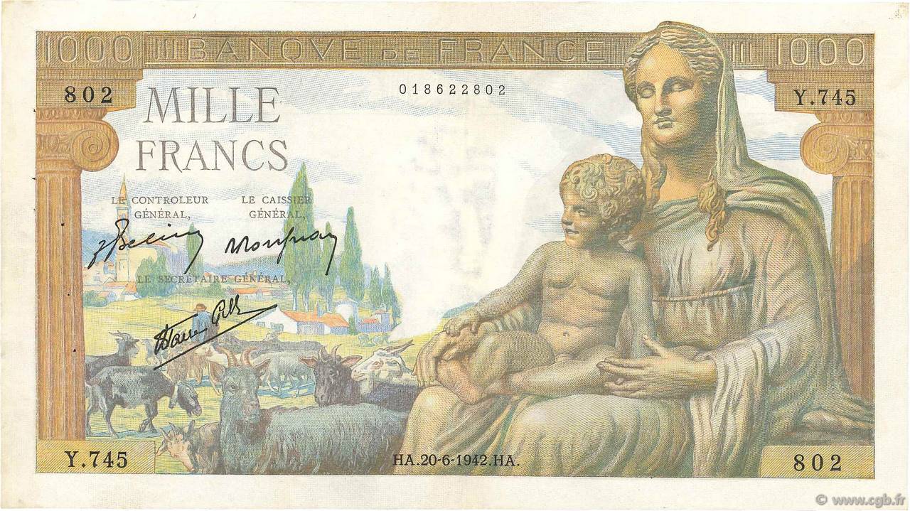 1000 Francs DÉESSE DÉMÉTER FRANCE  1942 F.40.03 VF