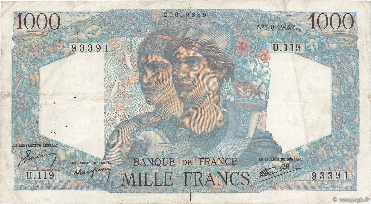 1000 Francs MINERVE ET HERCULE FRANKREICH  1945 F.41.07 fS