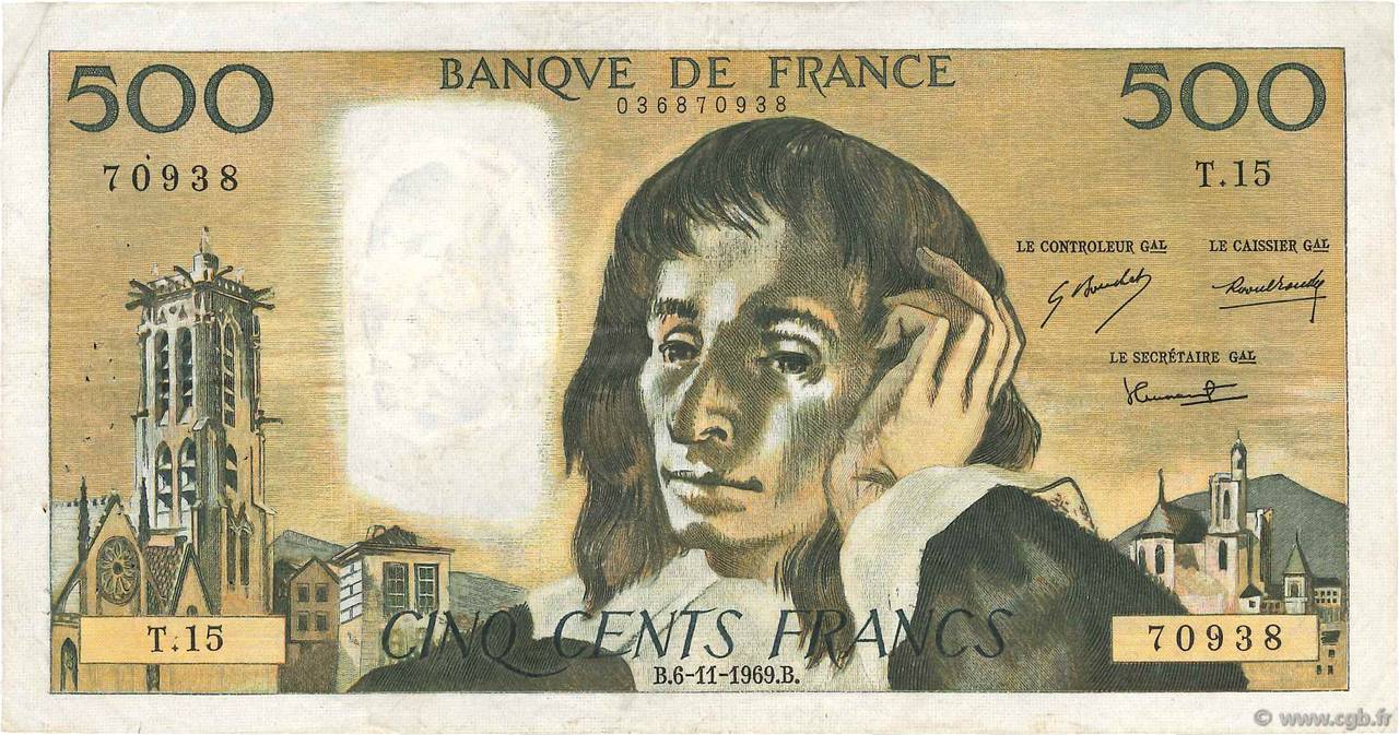 500 Francs PASCAL FRANCE  1969 F.71.04 F