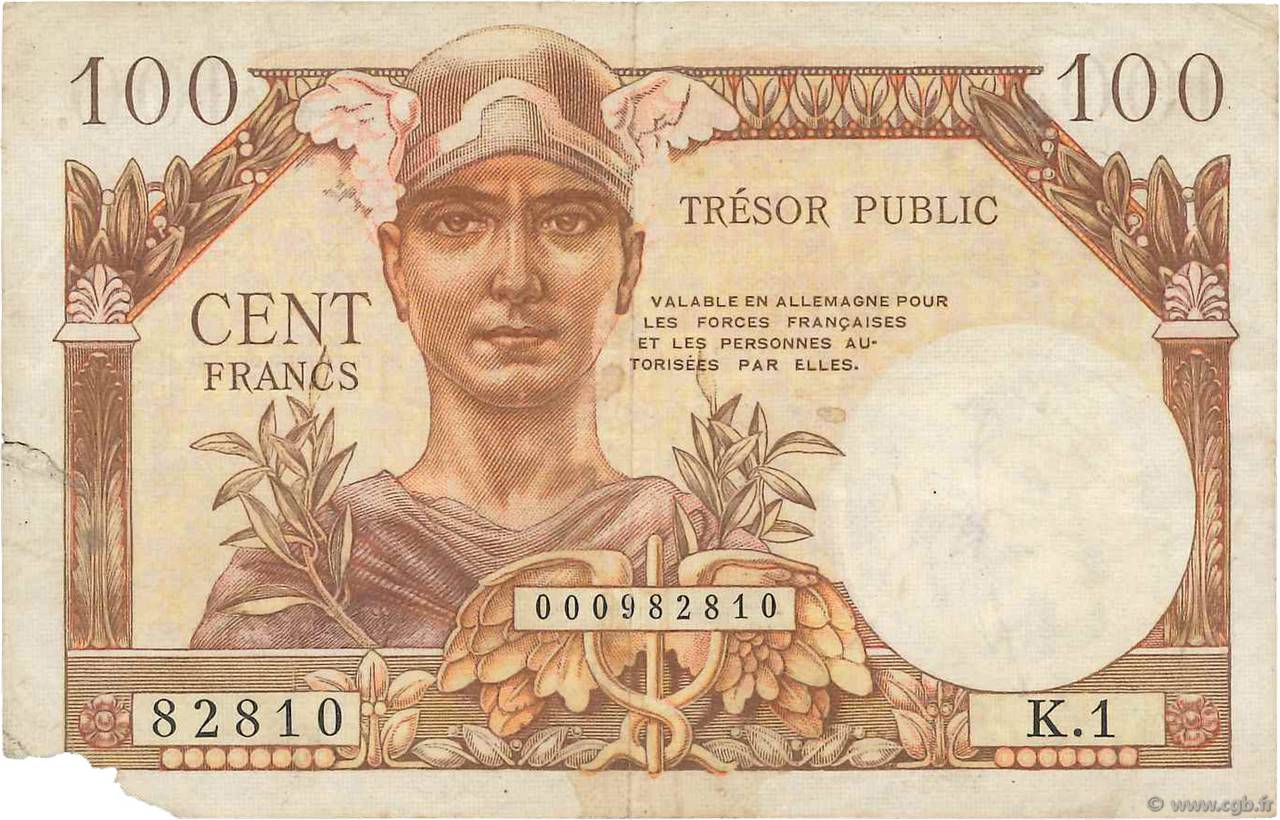 100 Francs TRÉSOR PUBLIC FRANKREICH  1955 VF.34.01 fS
