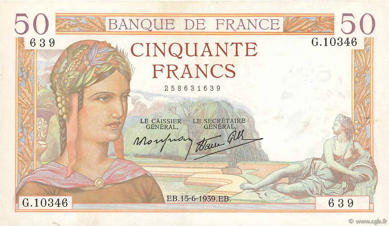50 Francs CÉRÈS modifié FRANKREICH  1939 F.18.26 SS