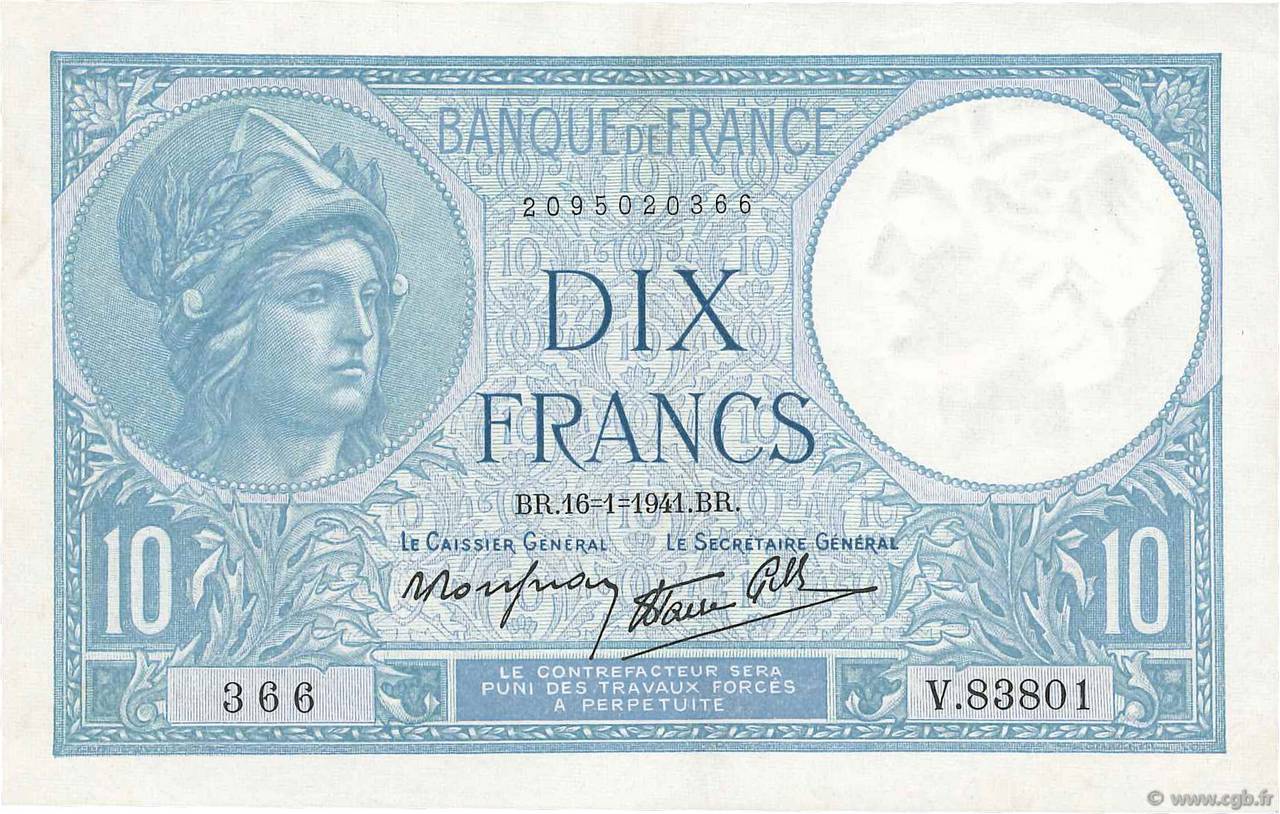 10 Francs MINERVE modifié FRANKREICH  1941 F.07.28 fVZ