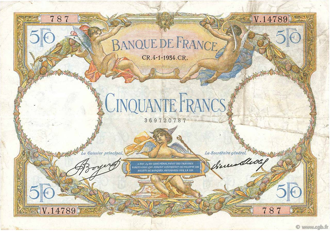 50 Francs LUC OLIVIER MERSON type modifié FRANCIA  1934 F.16.05 q.MB