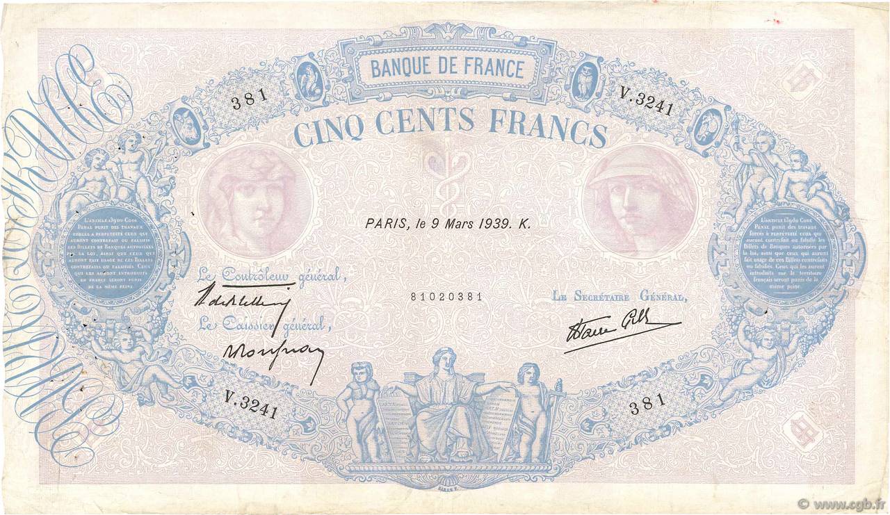 500 Francs BLEU ET ROSE modifié FRANKREICH  1939 F.31.26 S