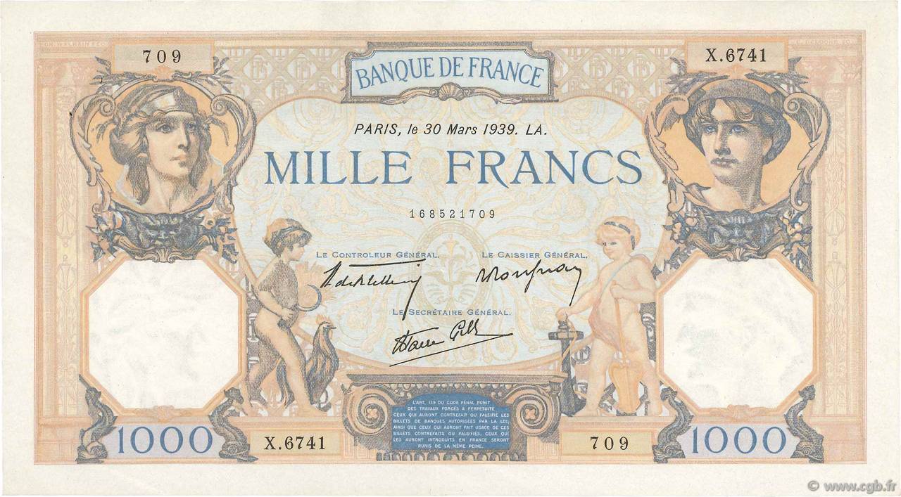 1000 Francs CÉRÈS ET MERCURE type modifié FRANCE  1939 F.38.35 XF-