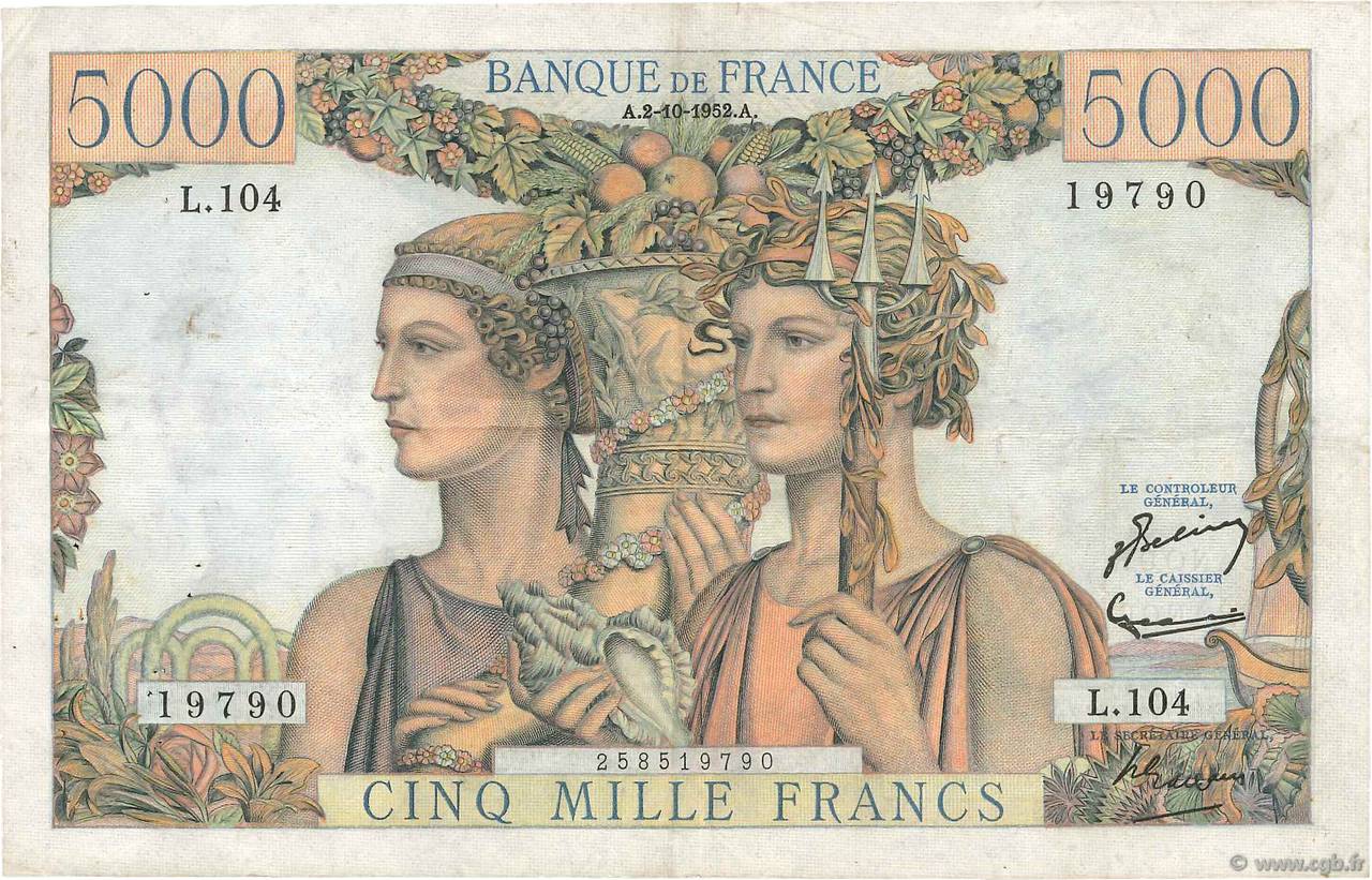 5000 Francs TERRE ET MER FRANCIA  1952 F.48.07 q.BB