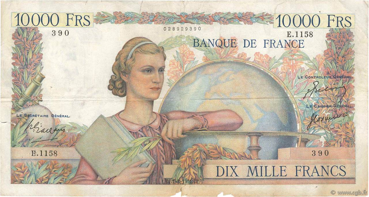10000 Francs GÉNIE FRANÇAIS FRANCIA  1951 F.50.47 q.MB
