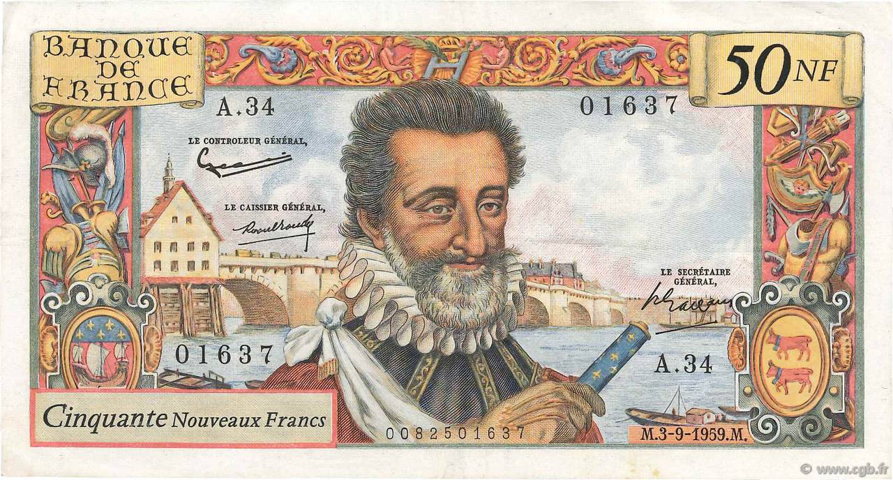 50 Nouveaux Francs HENRI IV FRANCE  1959 F.58.03 VF