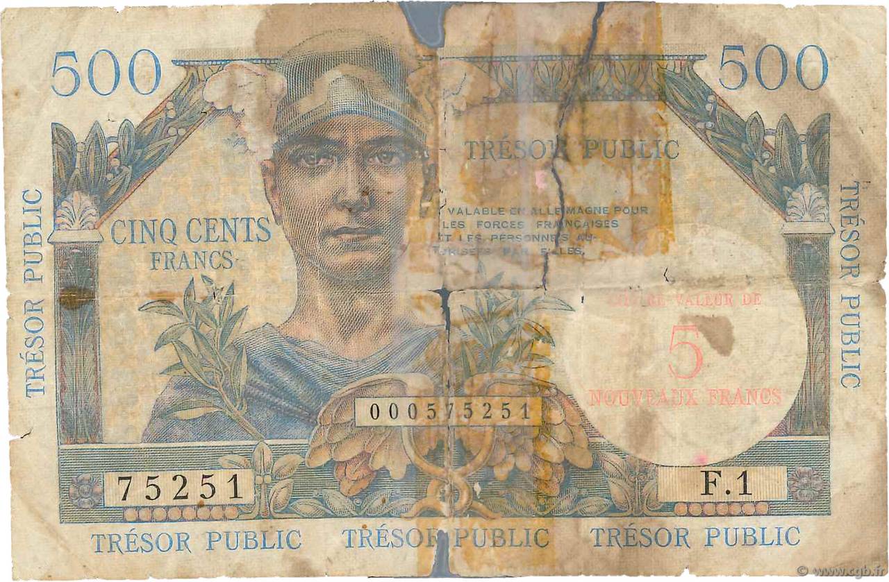 5NF sur 500 Francs TRÉSOR PUBLIC FRANCIA  1960 VF.37.01 q.B