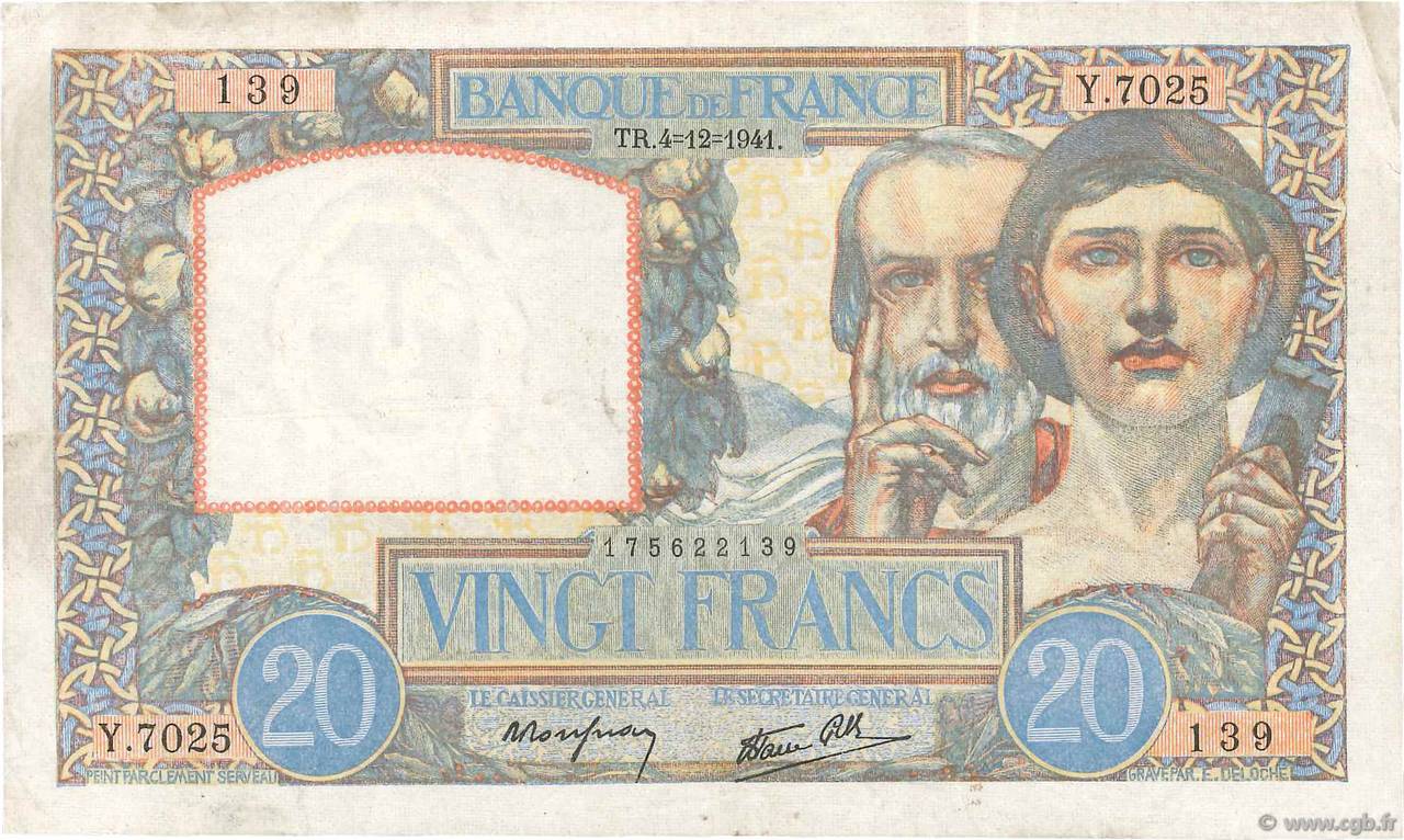 20 Francs TRAVAIL ET SCIENCE FRANCE  1941 F.12.20 VF-