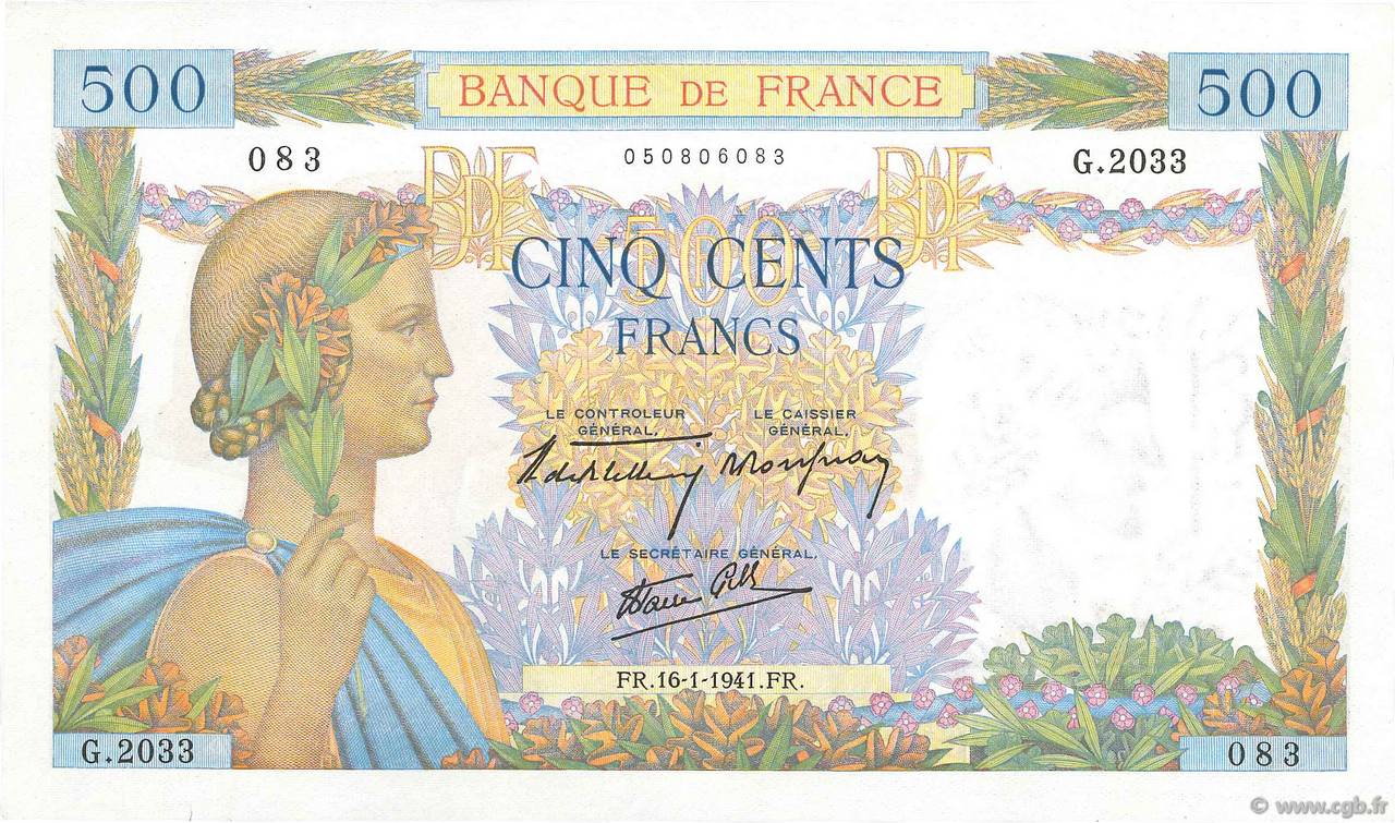 500 Francs LA PAIX FRANCIA  1941 F.32.13 q.AU