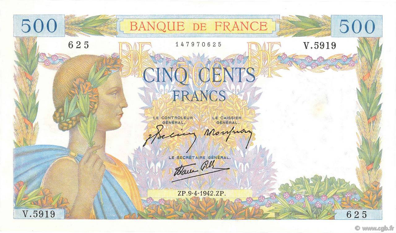 500 Francs LA PAIX FRANCE  1942 F.32.34 UNC-