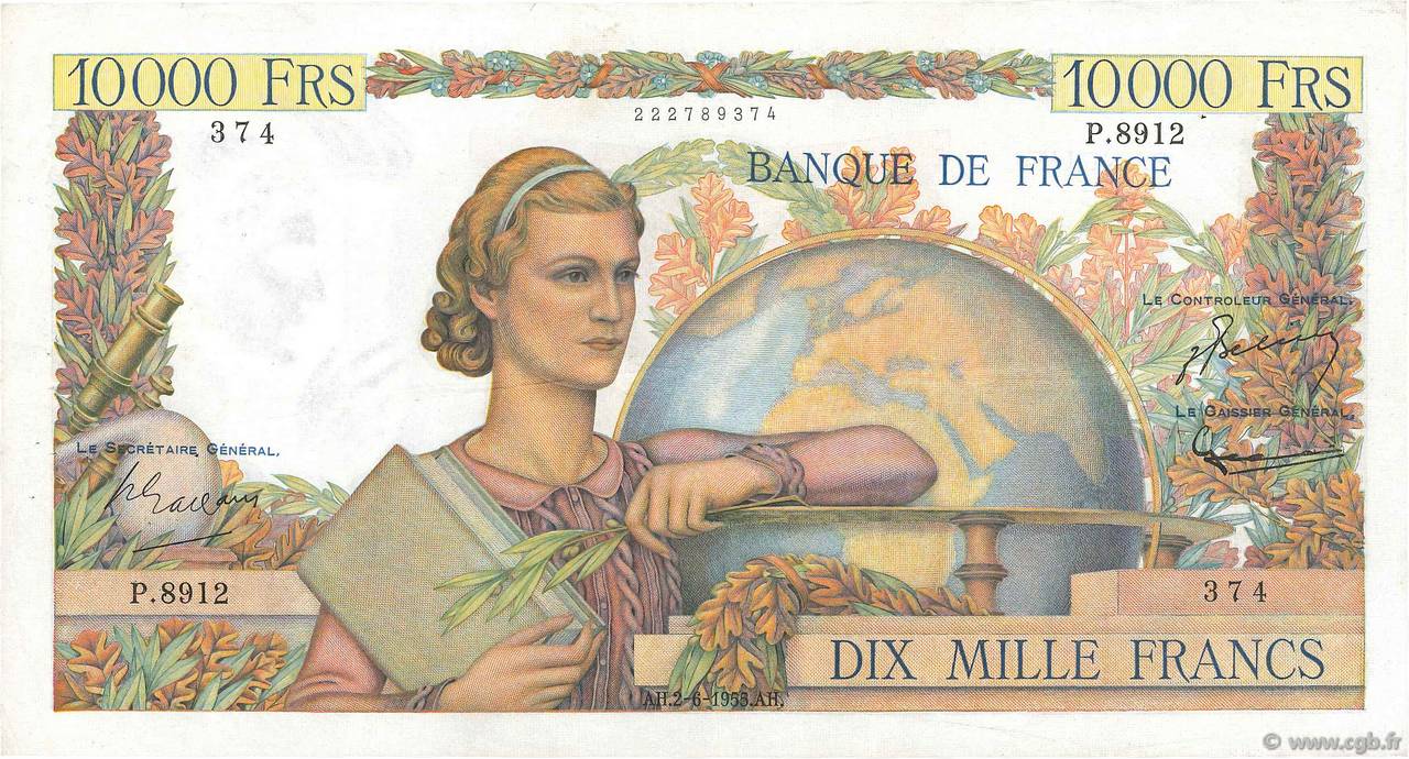 10000 Francs GÉNIE FRANÇAIS FRANCE  1955 F.50.75 VF