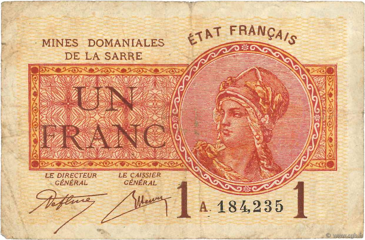 1 Franc MINES DOMANIALES DE LA SARRE FRANCIA  1920 VF.51.01 RC+