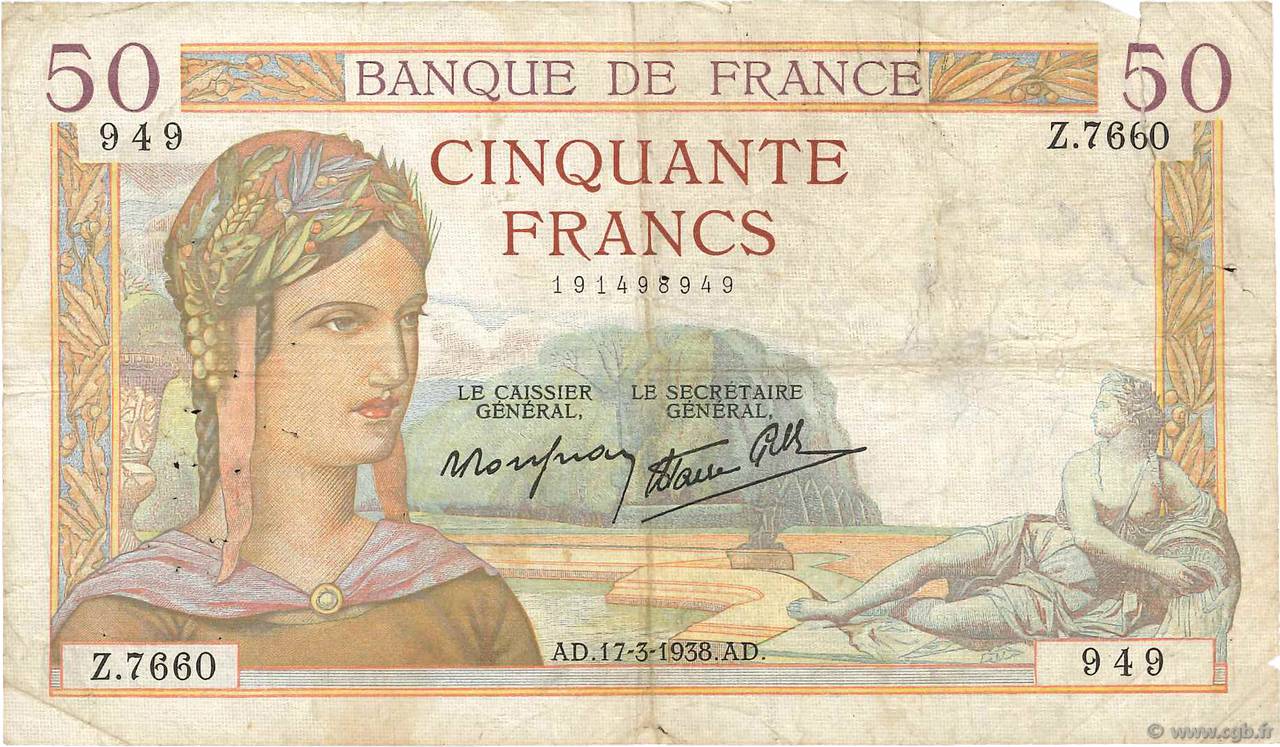 50 Francs CÉRÈS modifié FRANCIA  1938 F.18.10 q.MB