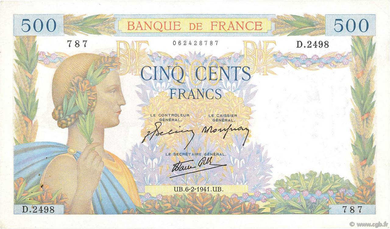 500 Francs LA PAIX FRANCIA  1941 F.32.14 SPL