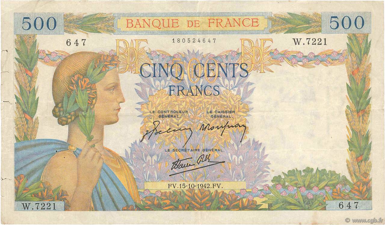 500 Francs LA PAIX FRANCIA  1942 F.32.42 BC