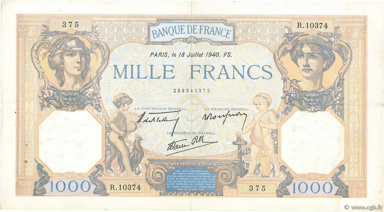1000 Francs CÉRÈS ET MERCURE type modifié FRANCIA  1940 F.38.50 BB