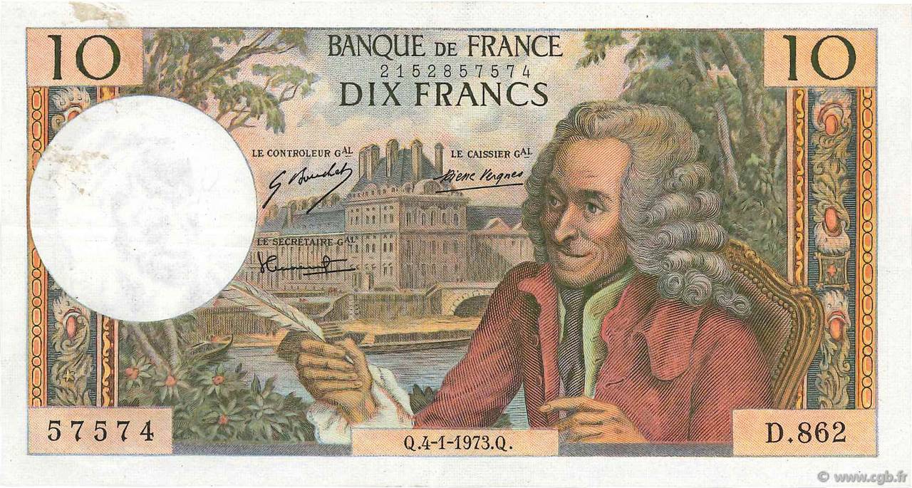 10 Francs VOLTAIRE FRANCE  1973 F.62.60 VF
