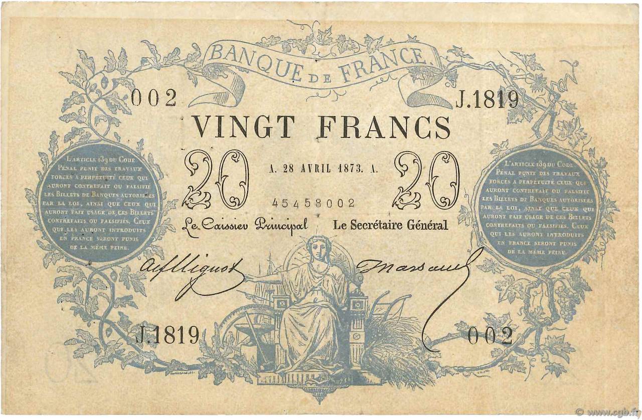 20 Francs type 1871 FRANKREICH  1873 F.A46.04 S