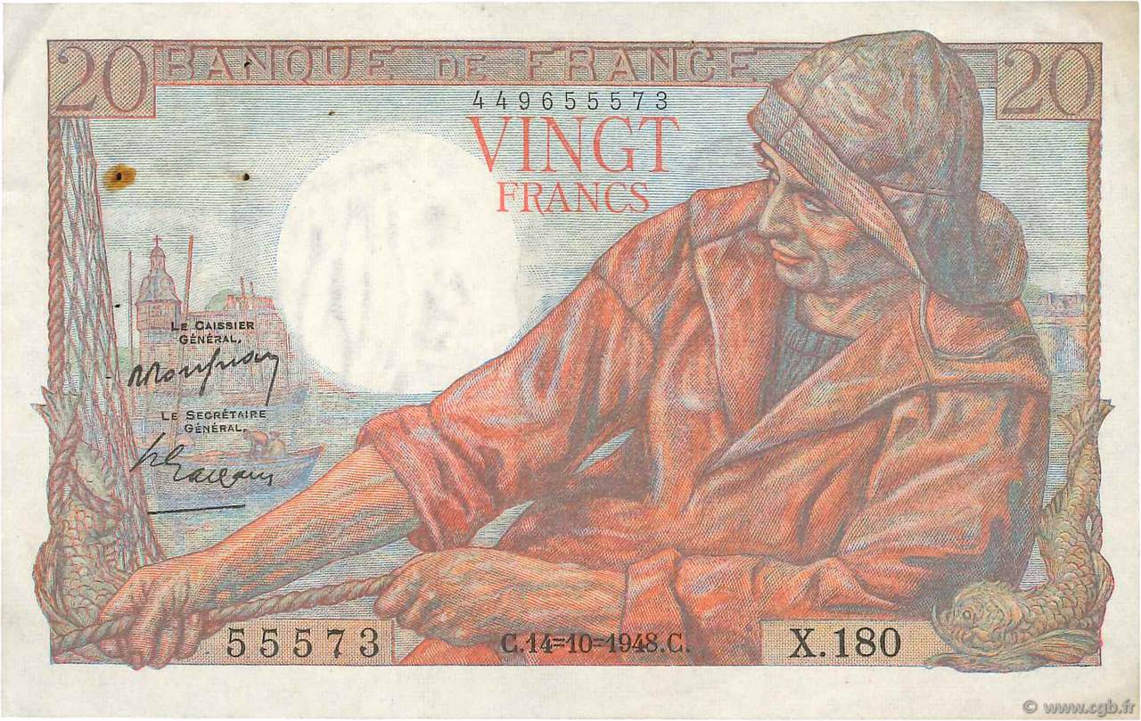 20 Francs PÊCHEUR FRANKREICH  1948 F.13.13 fVZ