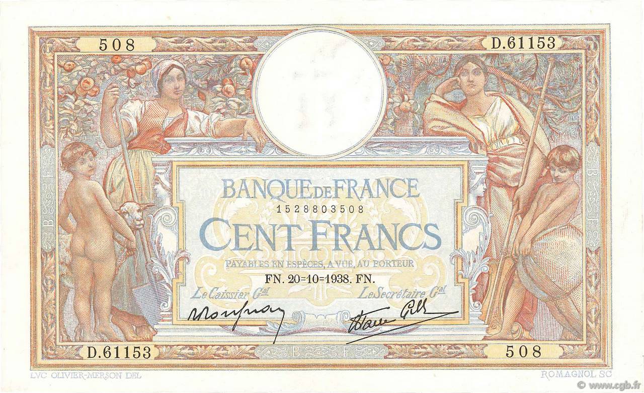 100 Francs LUC OLIVIER MERSON type modifié FRANCE  1938 F.25.32 XF-