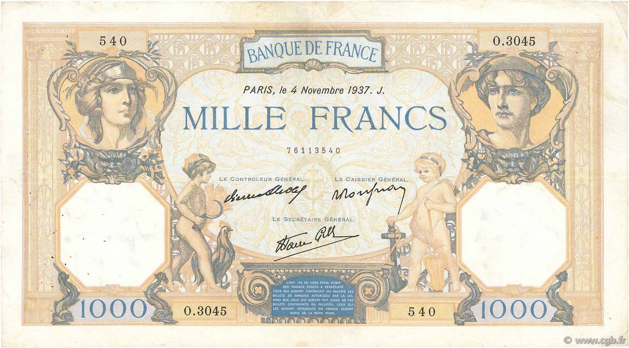 1000 Francs CÉRÈS ET MERCURE type modifié FRANCE  1937 F.38.04 VF-