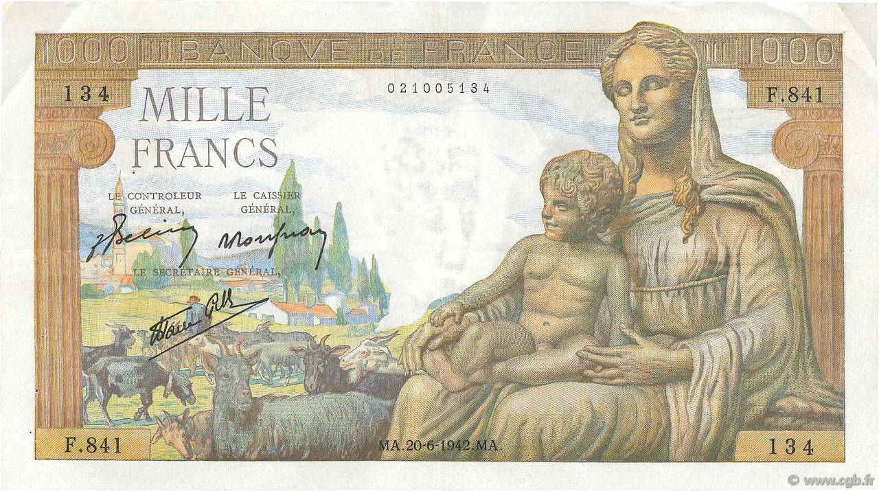 1000 Francs DÉESSE DÉMÉTER FRANCE  1942 F.40.03 VF+