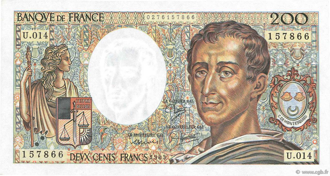 200 Francs MONTESQUIEU FRANCE  1983 F.70.03 AU+