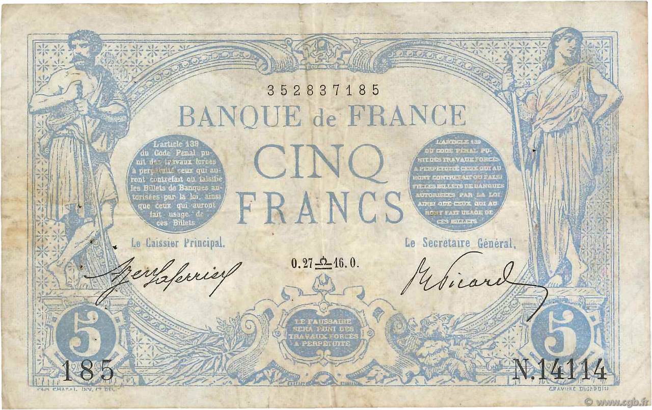 5 Francs BLEU FRANCIA  1916 F.02.43 BC+